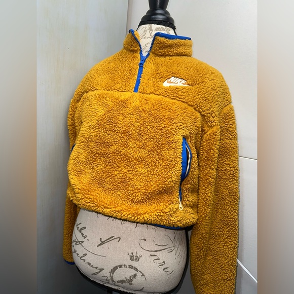 Nike Crop Cropped Sherpa Fleece Brown Orange 1/4 Zip Pullover Sweatshirt Medium - Picture 6 of 10